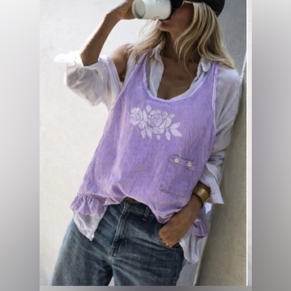 Hand Crafted Lavender Striped Tank Top with Ruffle Hem - Picture 2 of 12